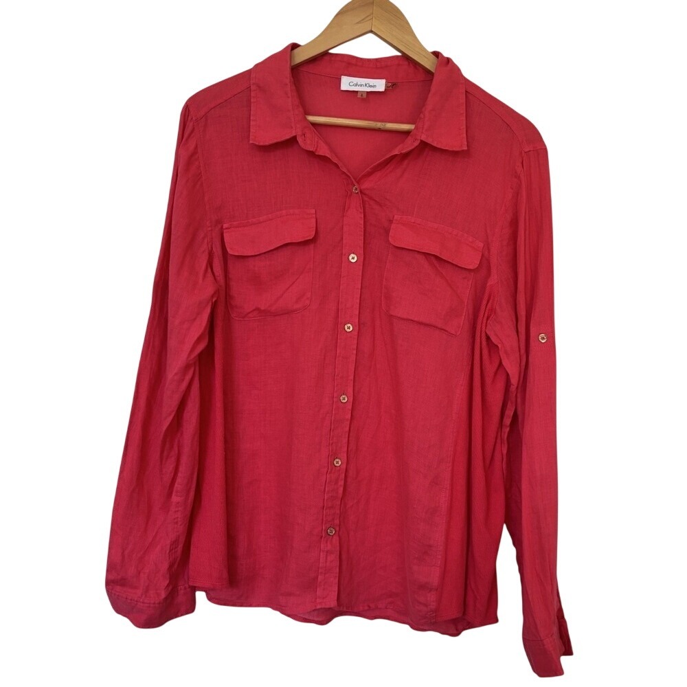 Calvin Klein Button Down Shirt 100% Linen Coral Women's Large Roll Tab Sleeve